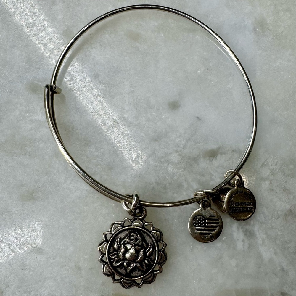 Alex and Ani Lotus Peace Petals bangle bracelet Rafaelian silver.